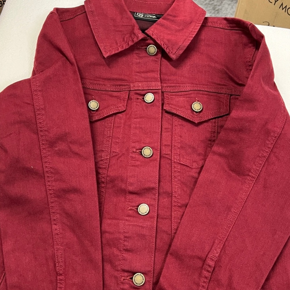 Women's Red Longline Denim Jacket With Stretch - Picture 2 of 3